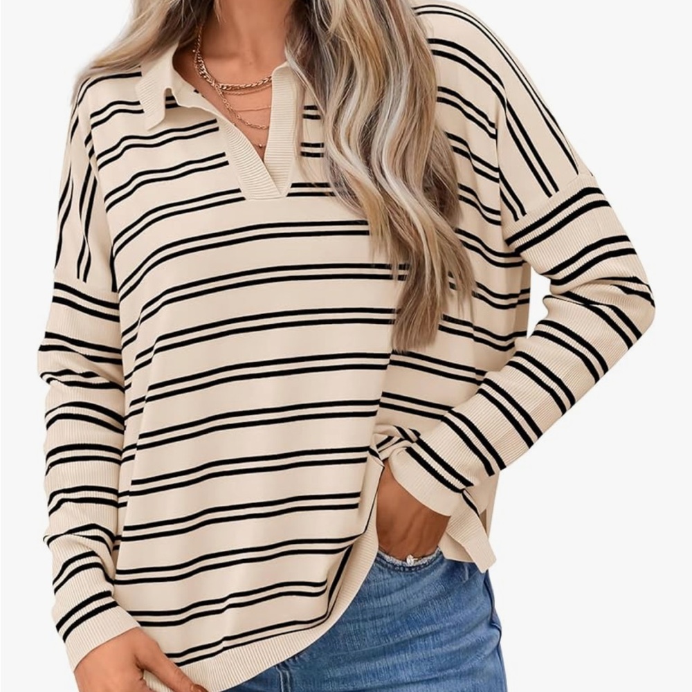 Striped Cream & Black Women's V-Neck Tunic Top